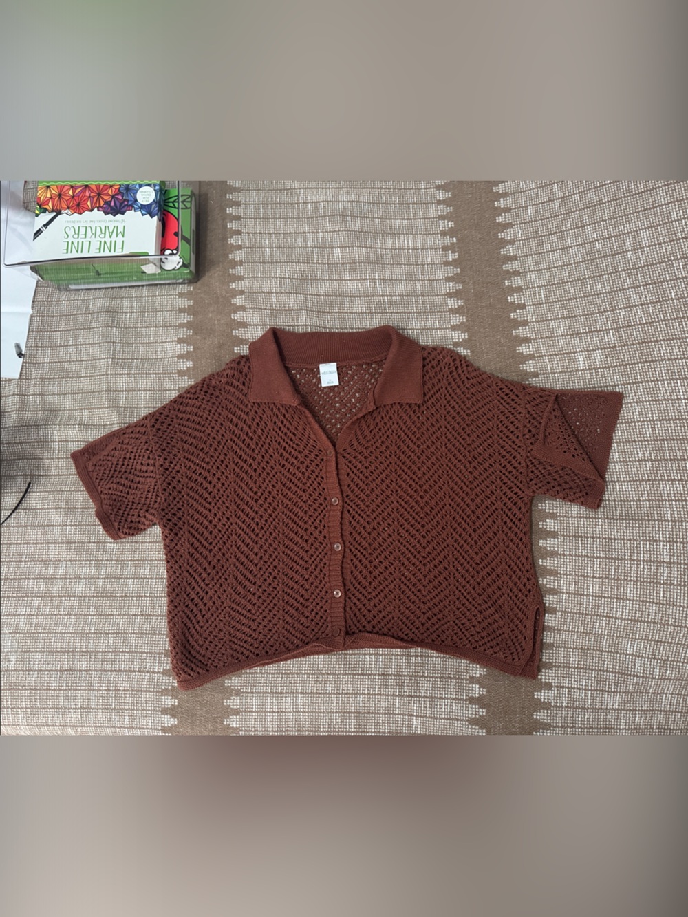 wild fable Rust Brown Cropped Crochet Button-Down Shirt